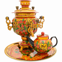 Набор самовар электрический 3л овал с художественной росписью "Хохлома - Клубника ", поднос, заварочный чайник