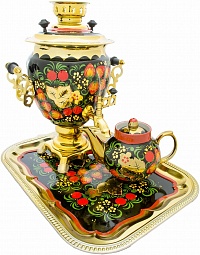 Набор самовар электрический 3л желудь с художественной росписью "Хохлома", поднос, заварочный чайник