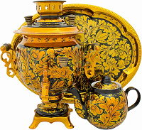 Набор самовар электрический 3л овал с художественной росписью "Хохлома - Кудрина", поднос, заварочный чайник